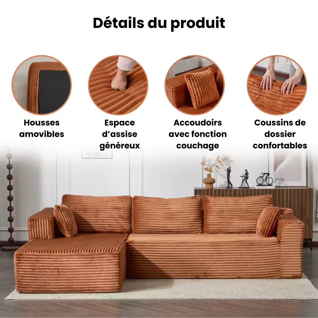 Canapé d'angle modulaire en velours côtelé