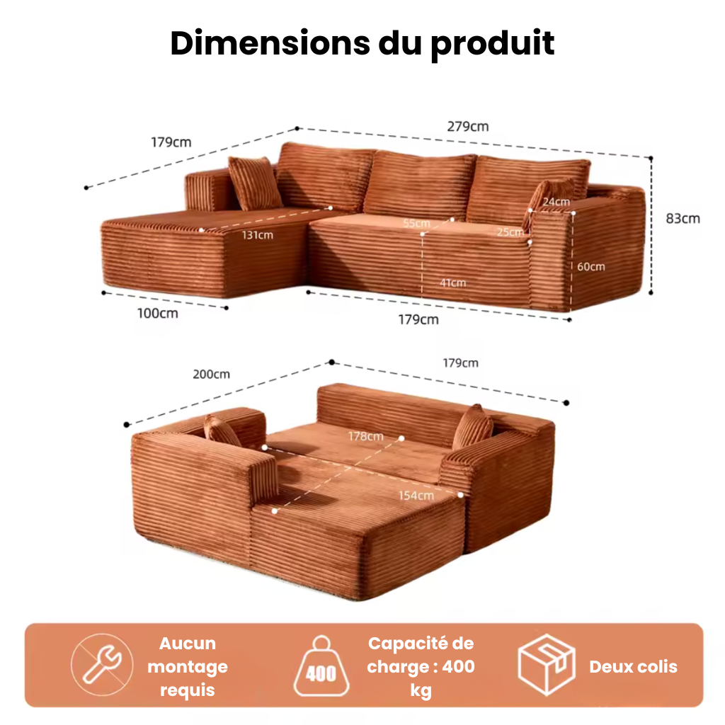 Canapé d'angle modulaire en velours côtelé