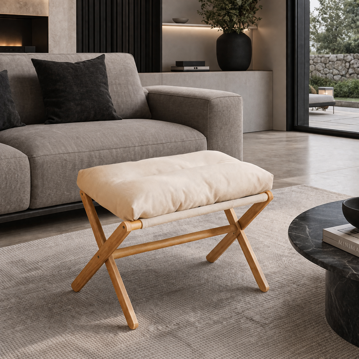 Repose pieds design bois et beige
